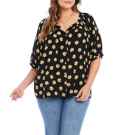 Karen Kane Plus Size Coordinating Woven Floral Scoop Neck Short Sleeve Peasant Top