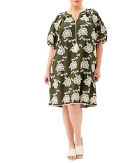 Karen Kane Plus Size Cotton Bohemian-Inspired Split V-Neck Short Puff Sleeve Tassel Tie Shift Dress