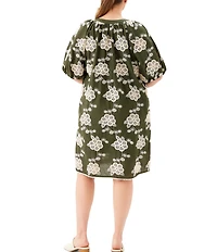 Karen Kane Plus Size Cotton Bohemian-Inspired Split V-Neck Short Puff Sleeve Tassel Tie Shift Dress