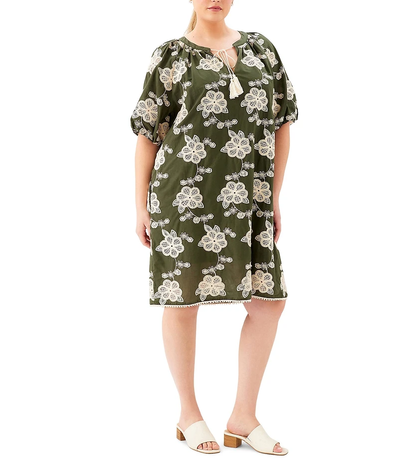 Karen Kane Plus Size Cotton Bohemian-Inspired Split V-Neck Short Puff Sleeve Tassel Tie Shift Dress