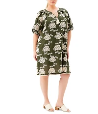 Karen Kane Plus Size Cotton Bohemian-Inspired Split V-Neck Short Puff Sleeve Tassel Tie Shift Dress