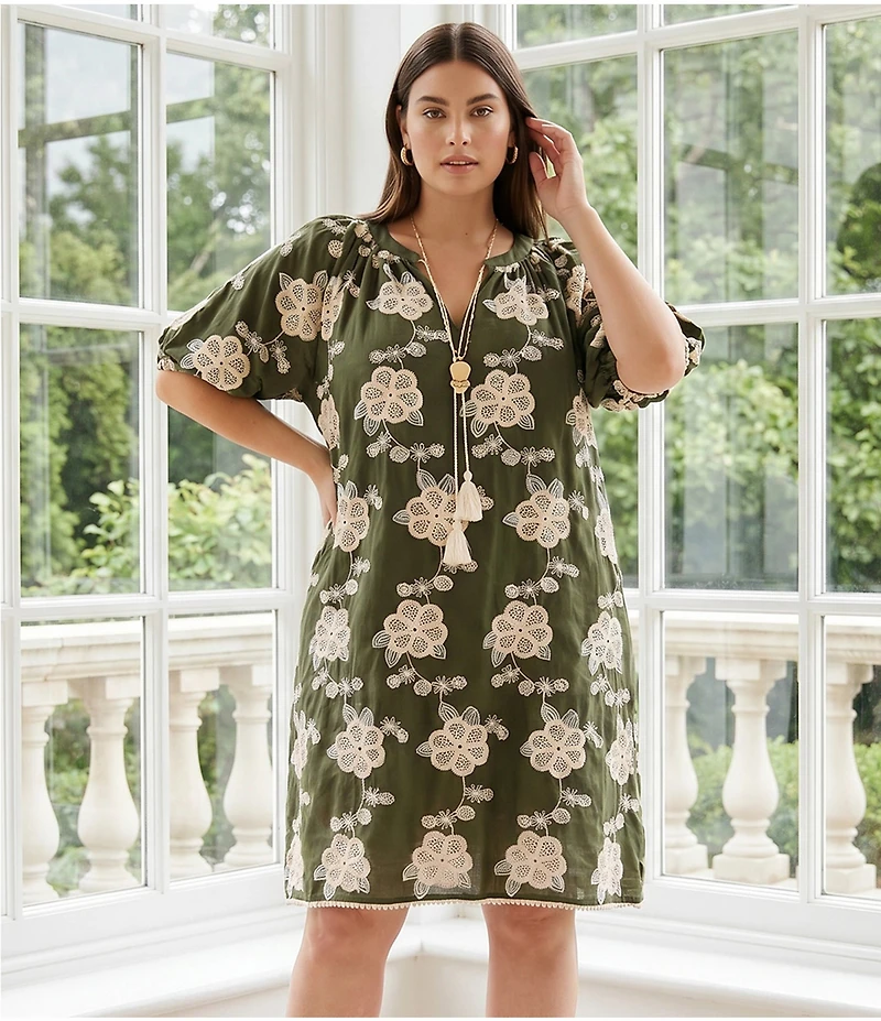 Karen Kane Plus Size Cotton Bohemian-Inspired Split V-Neck Short Puff Sleeve Tassel Tie Shift Dress
