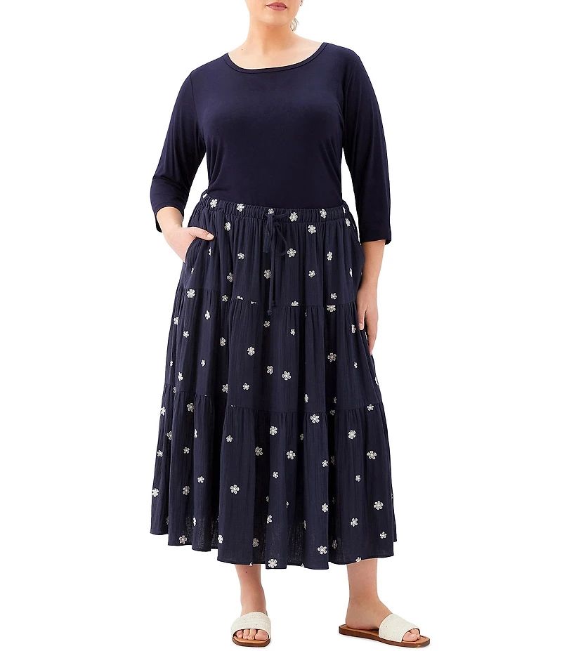 Karen Kane Plus Size Cotton Gauze Embroidered Tiered Midi Skirt