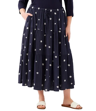 Karen Kane Plus Size Cotton Gauze Embroidered Tiered Midi Skirt