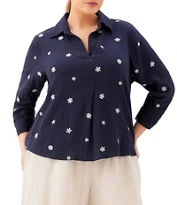 Karen Kane Plus Size Cotton Gauze Floral Embroidered Henley Collar 3/4 Ruched Sleeve Top