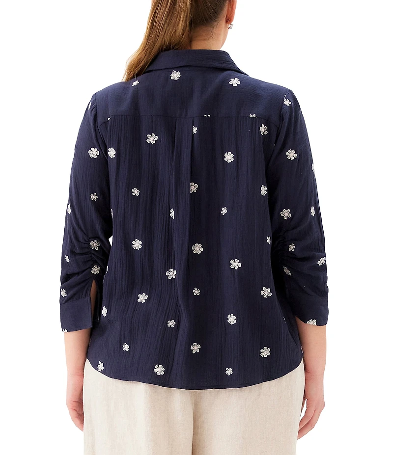 Karen Kane Plus Size Cotton Gauze Floral Embroidered Henley Collar 3/4 Ruched Sleeve Top