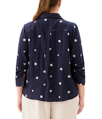 Karen Kane Plus Size Cotton Gauze Floral Embroidered Henley Collar 3/4 Ruched Sleeve Top