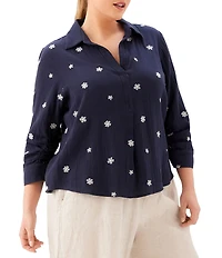Karen Kane Plus Size Cotton Gauze Floral Embroidered Henley Collar 3/4 Ruched Sleeve Top