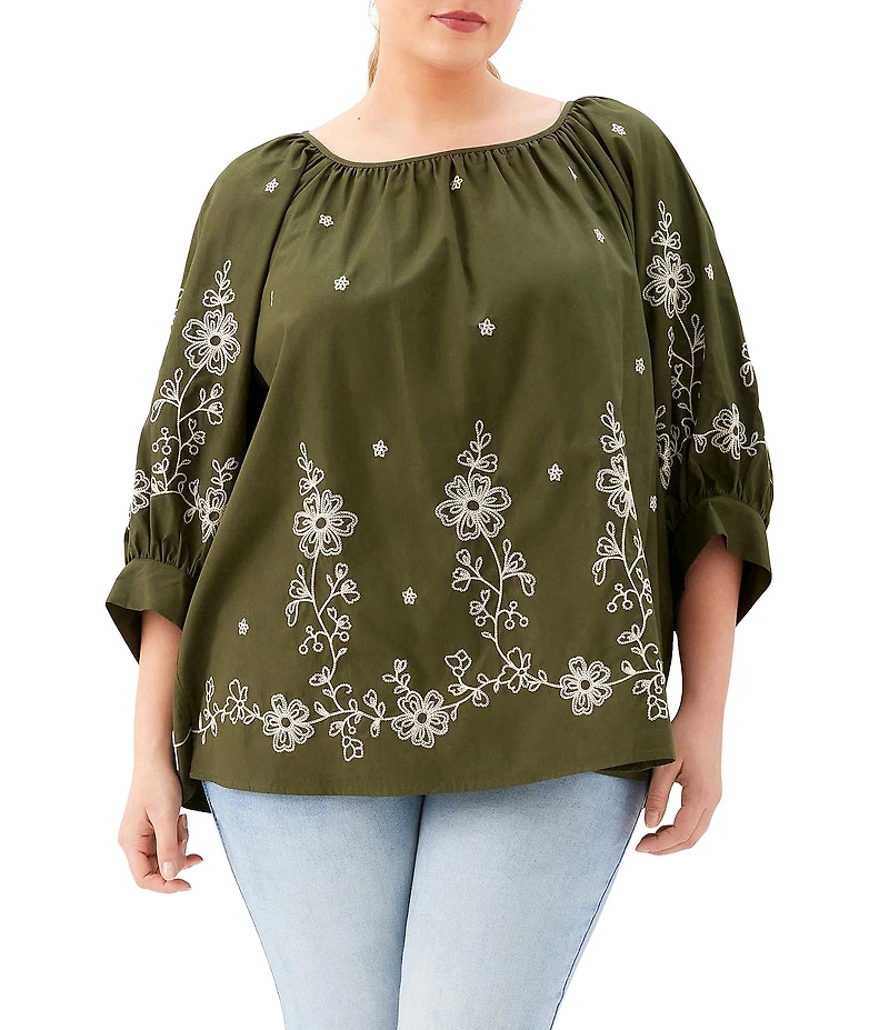 Karen Kane Plus Size Cotton Poplin Embroidered Scoop Neck 3/4 Blouson Sleeve Top