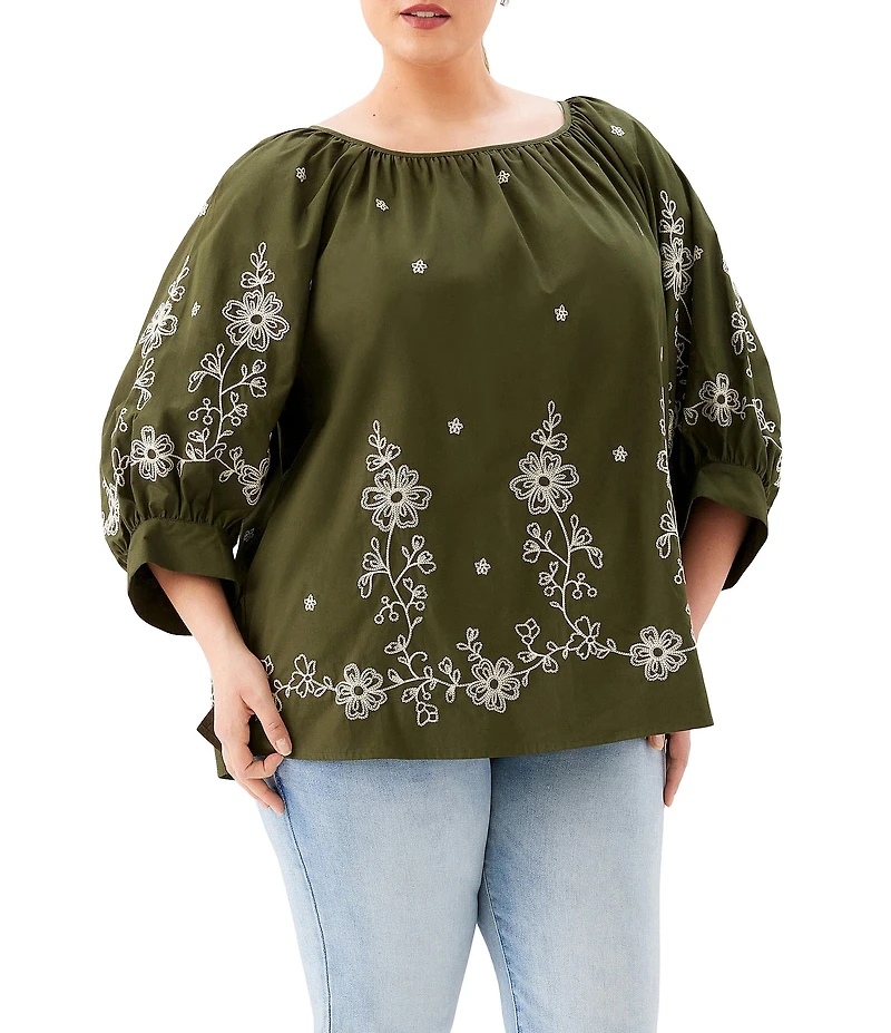 Karen Kane Plus Size Cotton Poplin Embroidered Scoop Neck 3/4 Blouson Sleeve Top