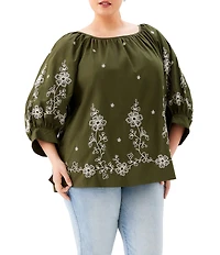 Karen Kane Plus Size Cotton Poplin Embroidered Scoop Neck 3/4 Blouson Sleeve Top