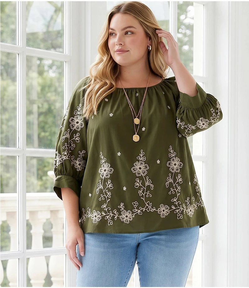 Karen Kane Plus Size Cotton Poplin Embroidered Scoop Neck 3/4 Blouson Sleeve Top