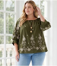 Karen Kane Plus Size Cotton Poplin Embroidered Scoop Neck 3/4 Blouson Sleeve Top
