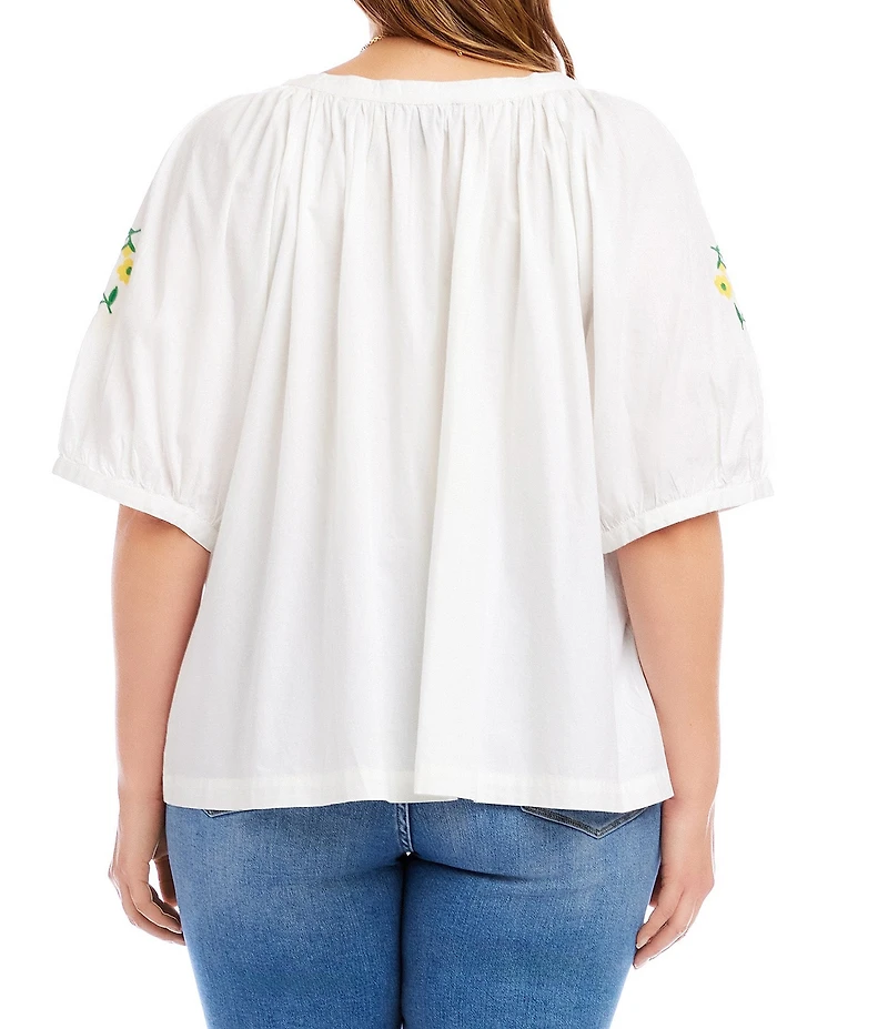 Karen Kane Plus Size Cotton Poplin Puff Sleeve Embroidered Peasant Top