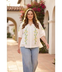 Karen Kane Plus Size Cotton Poplin Puff Sleeve Embroidered Peasant Top