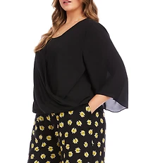 Karen Kane Plus Size Crossover V-Neck 3/4 Flare Sleeve Top