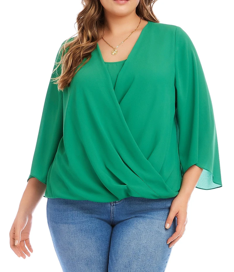 Karen Kane Plus Size Crossover V-Neck 3/4 Flare Sleeve Top