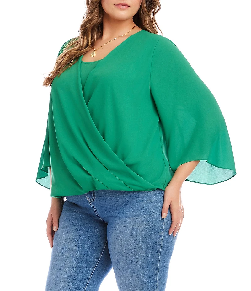 Karen Kane Plus Size Crossover V-Neck 3/4 Flare Sleeve Top