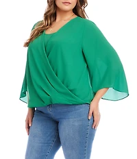 Karen Kane Plus Size Crossover V-Neck 3/4 Flare Sleeve Top