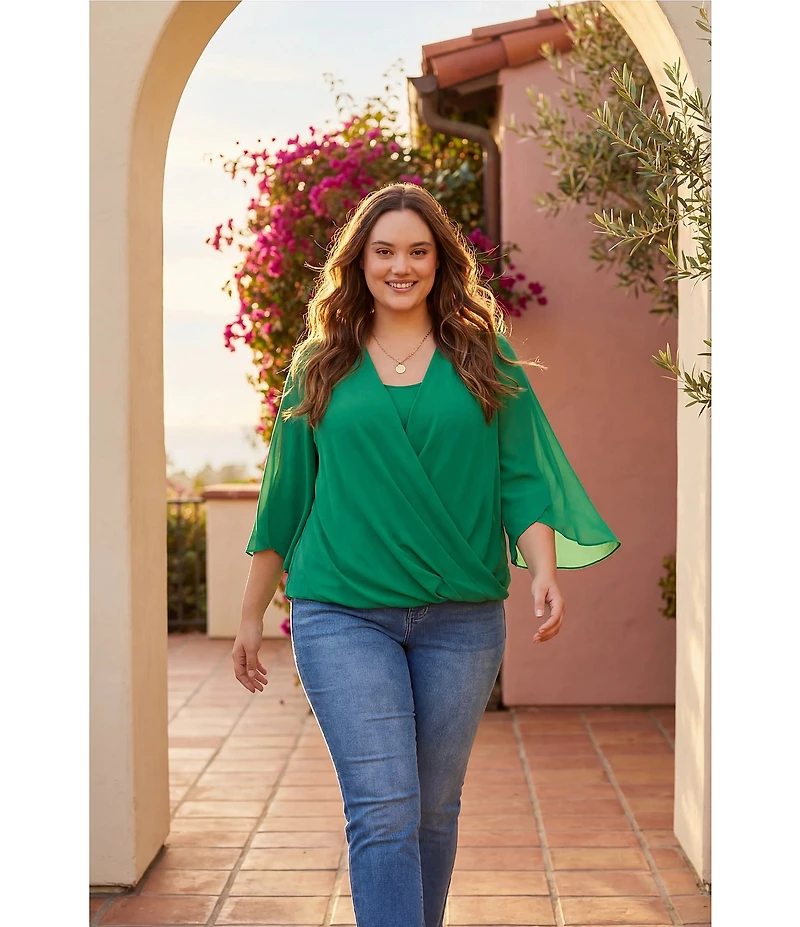 Karen Kane Plus Size Crossover V-Neck 3/4 Flare Sleeve Top