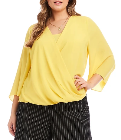 Karen Kane Plus Size Crossover V-Neck 3/4 Flare Sleeve Top
