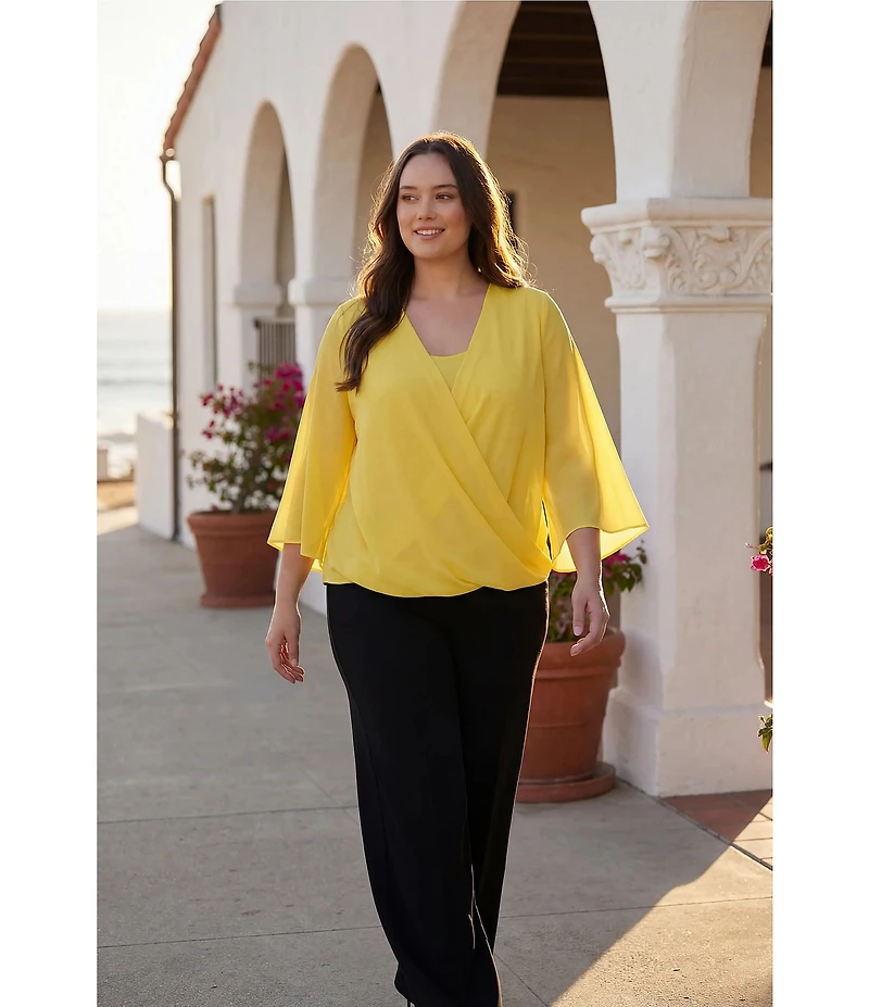 Karen Kane Plus Size Crossover V-Neck 3/4 Flare Sleeve Top