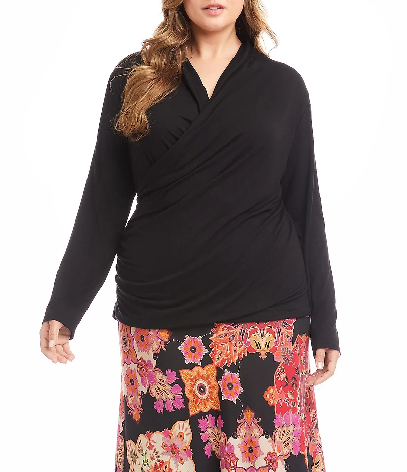 Karen Kane Plus Size Crossover V-Neck Long Sleeve Side Shirred Wrap Top