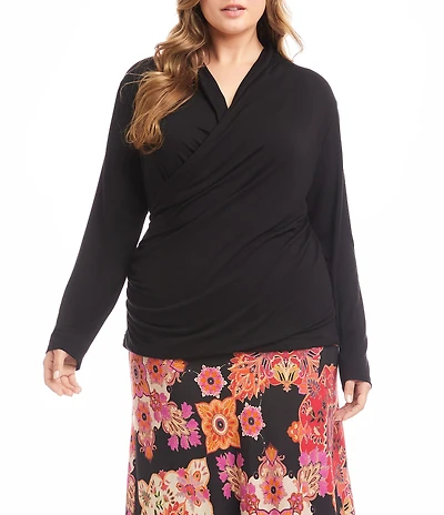Karen Kane Plus Size Crossover V-Neck Long Sleeve Side Shirred Wrap Top