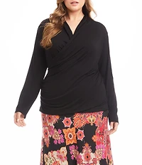 Karen Kane Plus Size Crossover V-Neck Long Sleeve Side Shirred Wrap Top