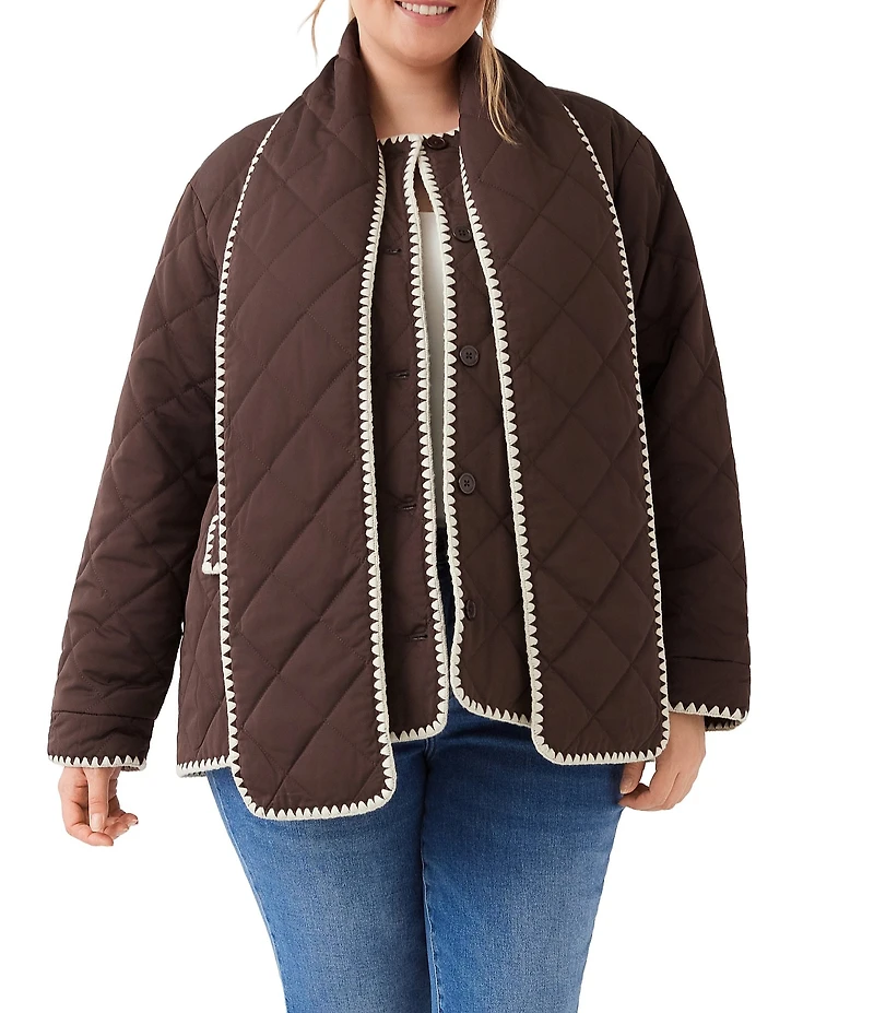 Karen Kane Plus Size Diamond Quilted Scarf Contrast Stitched Long Sleeve Button Front Jacket