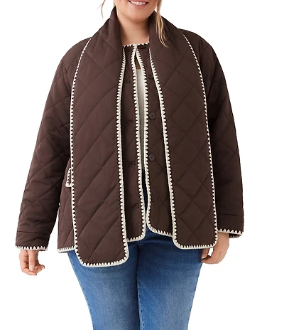 Karen Kane Plus Size Diamond Quilted Scarf Contrast Stitched Long Sleeve Button Front Jacket