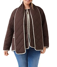 Karen Kane Plus Size Diamond Quilted Scarf Contrast Stitched Long Sleeve Button Front Jacket