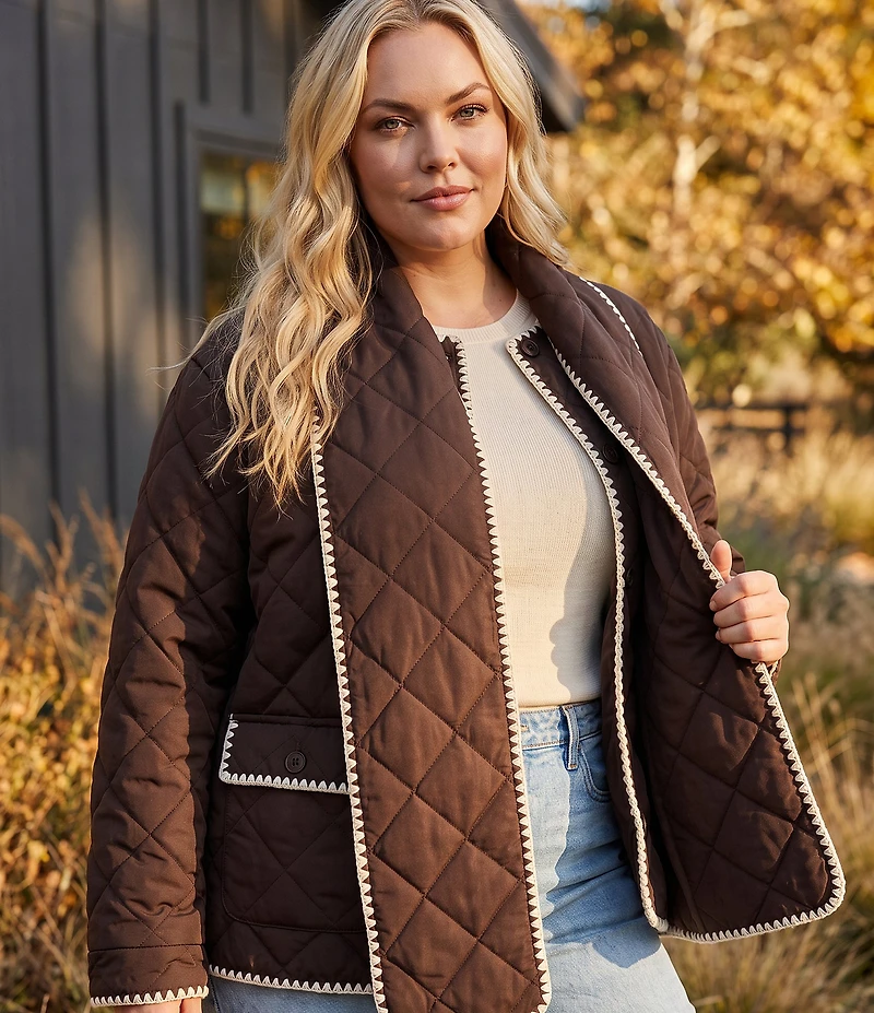 Karen Kane Plus Size Diamond Quilted Scarf Contrast Stitched Long Sleeve Button Front Jacket