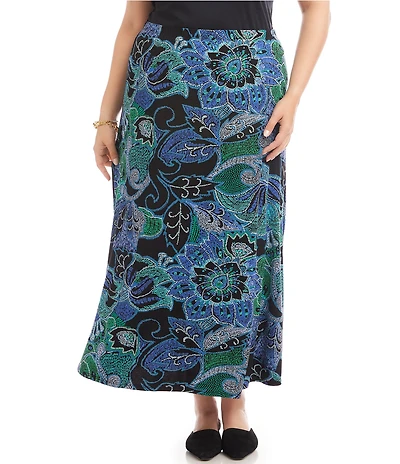 Karen Kane Plus Size Dotted Floral A-Line Pull-On Side-Slit Midi Skirt