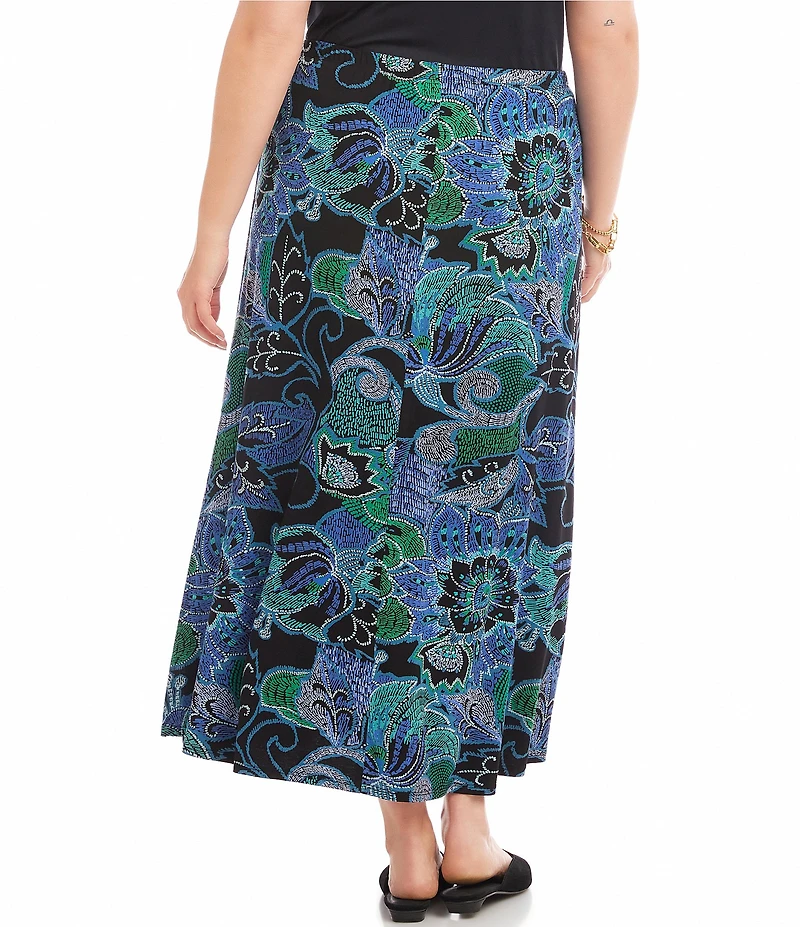 Karen Kane Plus Size Dotted Floral A-Line Pull-On Side-Slit Midi Skirt