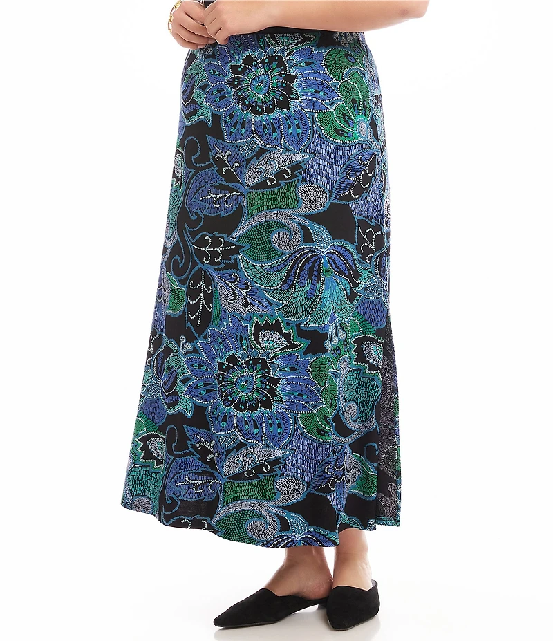 Karen Kane Plus Size Dotted Floral A-Line Pull-On Side-Slit Midi Skirt