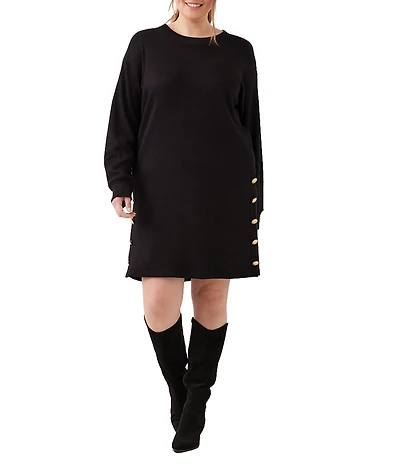 Karen Kane Plus Size Double Brushed Knit Crewneck Long Sleeve Button Detail Shift Dress