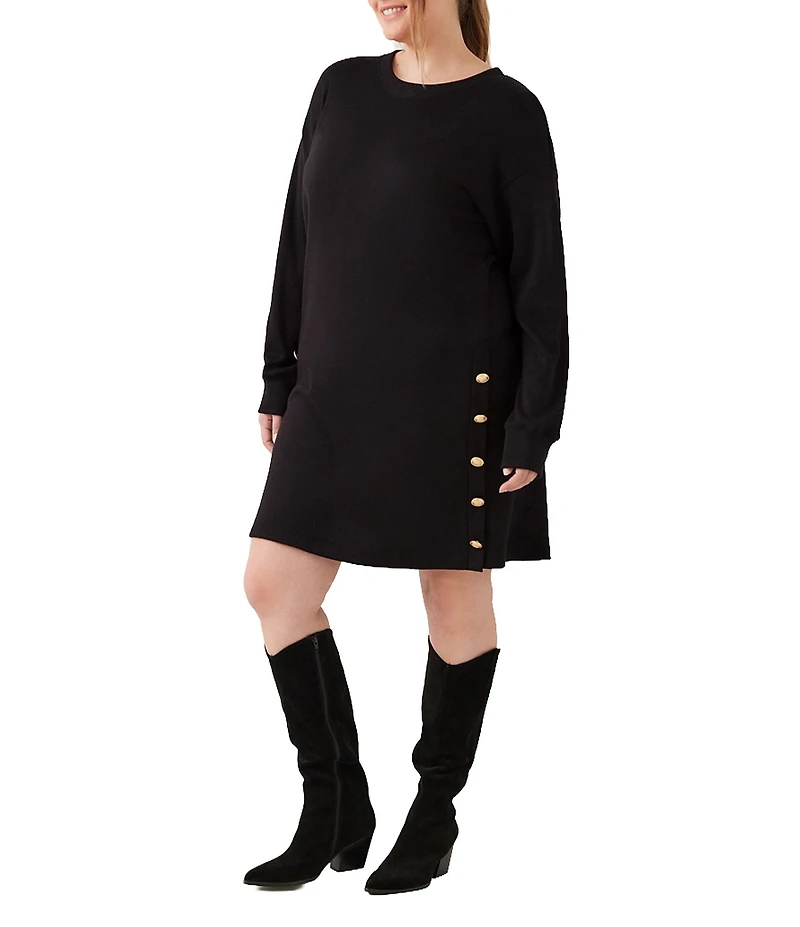 Karen Kane Plus Size Double Brushed Knit Crewneck Long Sleeve Button Detail Shift Dress