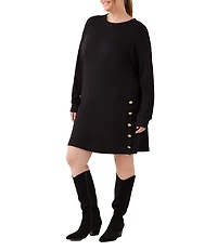 Karen Kane Plus Size Double Brushed Knit Crewneck Long Sleeve Button Detail Shift Dress