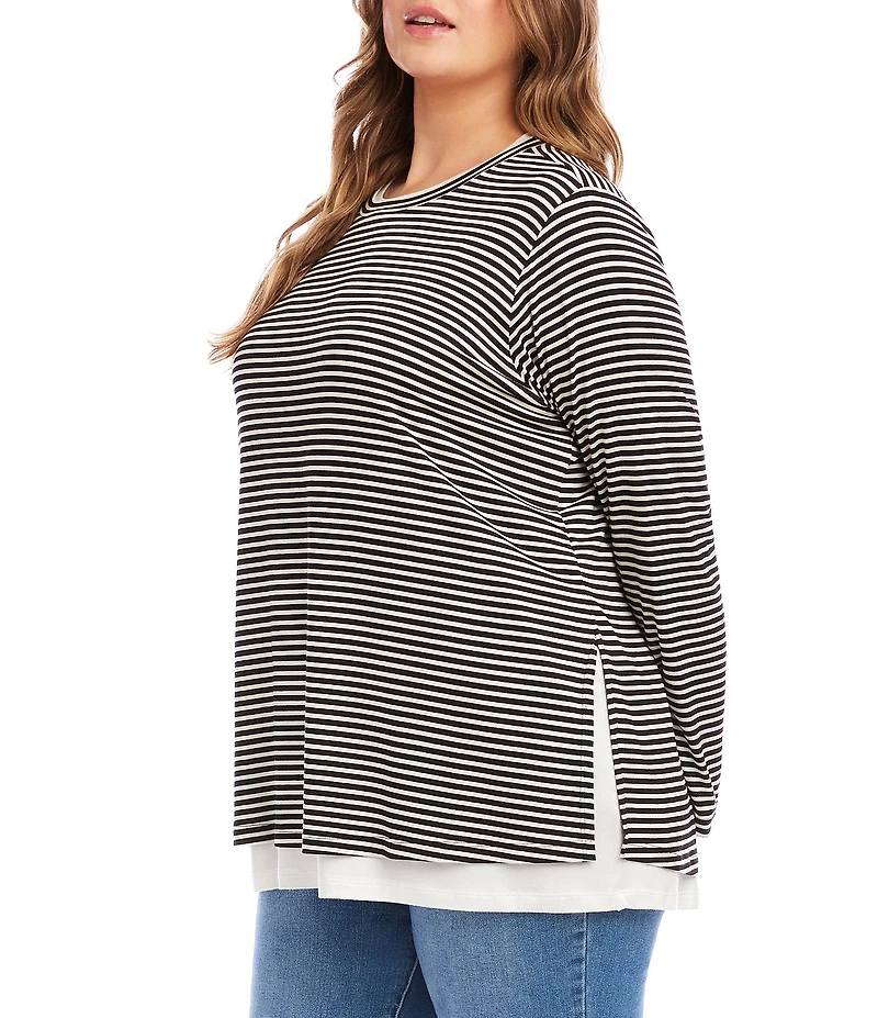 Karen Kane Plus Size Double Layered Stripe Crew Neck Long Sleeve Top