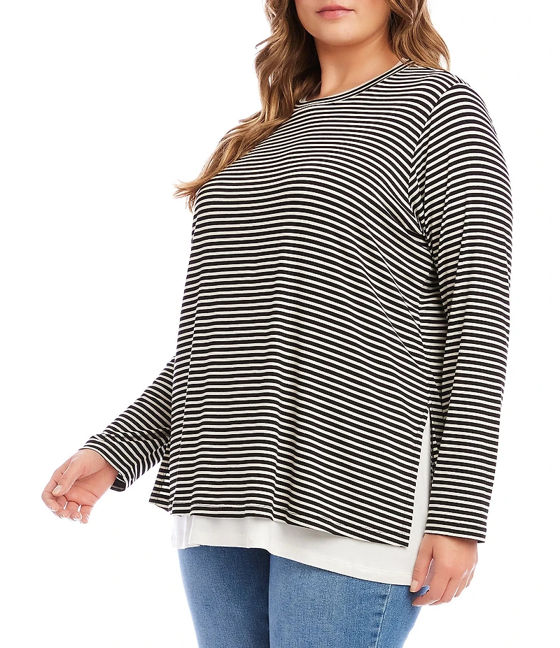 Karen Kane Plus Size Double Layered Stripe Crew Neck Long Sleeve Top