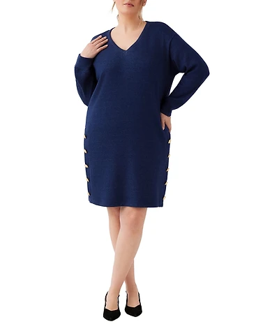 Karen Kane Plus Size Double Rib Knit V-Neck Long Sleeve Button Detail Shift Dress