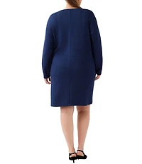 Karen Kane Plus Size Double Rib Knit V-Neck Long Sleeve Button Detail Shift Dress