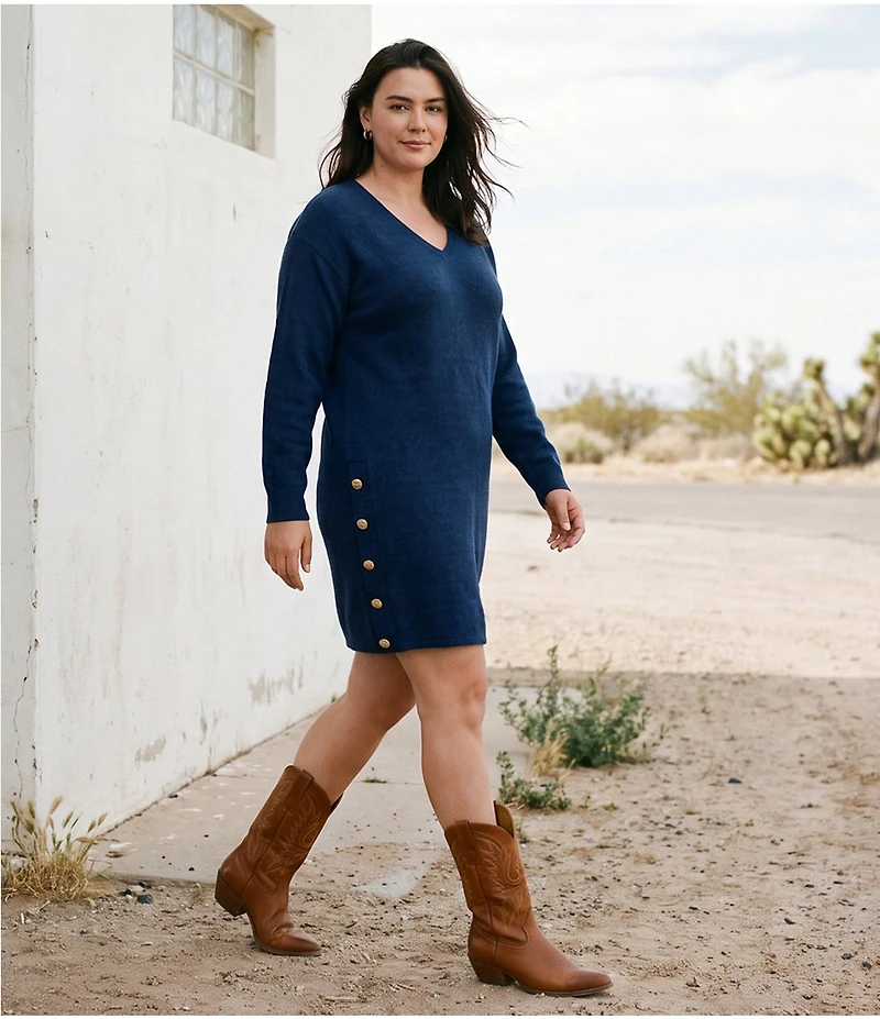 Karen Kane Plus Size Double Rib Knit V-Neck Long Sleeve Button Detail Shift Dress