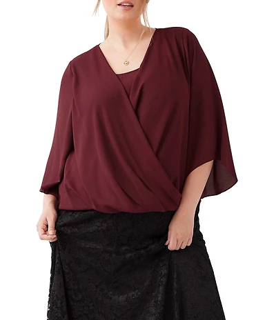 Karen Kane Plus Size Drape Front 3/4 Flared Sleeve Crossover Top