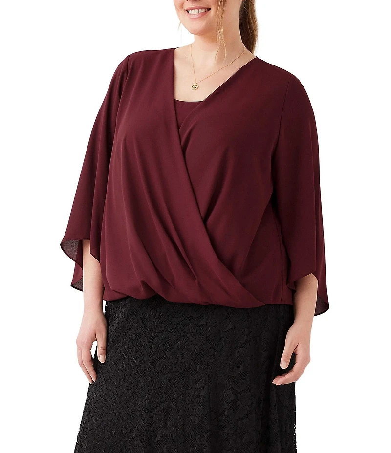 Karen Kane Plus Size Drape Front 3/4 Flared Sleeve Crossover Top