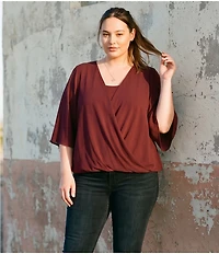 Karen Kane Plus Size Drape Front 3/4 Flared Sleeve Crossover Top