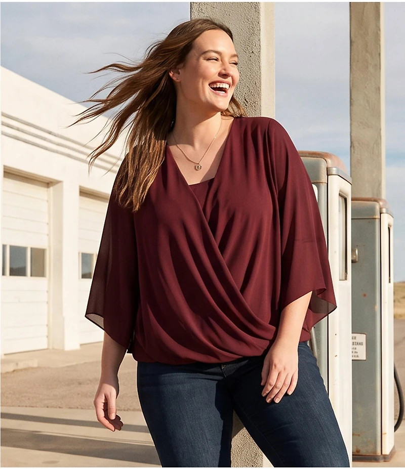 Karen Kane Plus Size Drape Front 3/4 Flared Sleeve Crossover Top