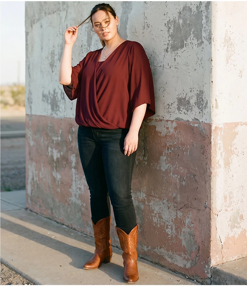 Karen Kane Plus Size Drape Front 3/4 Flared Sleeve Crossover Top