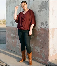 Karen Kane Plus Size Drape Front 3/4 Flared Sleeve Crossover Top